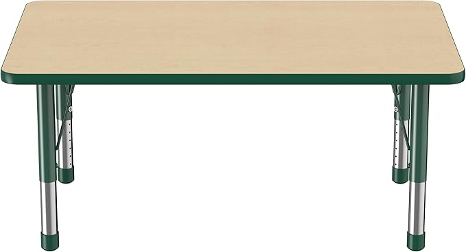 FDP Rectangle Activity School and Classroom Kids Table (30 x 48 inch), Chunky Toddler Legs, Adjustable Height 15-24 inches - Maple Top and Green Edge-Ruum Studio Home
