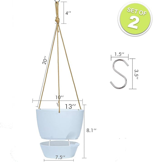 10 Inch Self Watering Hanging Pots, 2 Pack Hanging Planters with 40oZ Deep Reservior for Indoor Outdoor Plants Flowers, White-Ruum Studio Home