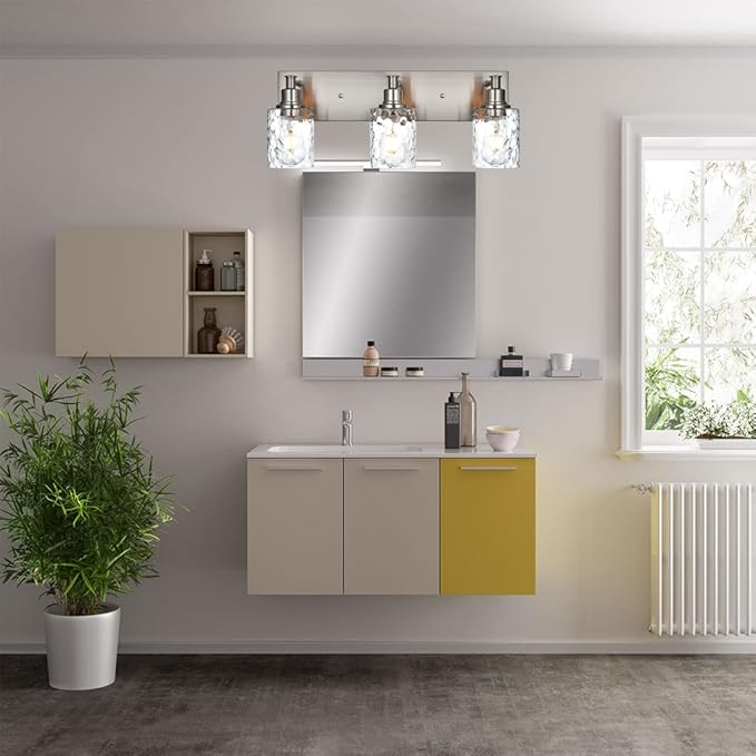 BONLICHT Bathroom Vanity Light Fixtures 3 Lights Modern Wall Sconce Brushed Nickel with Metal Base and Hammered Glass Shade, Industrial Farmhouse Bath Wall Lights for Hallway Kitchen Bedroom-Ruum Studio Home