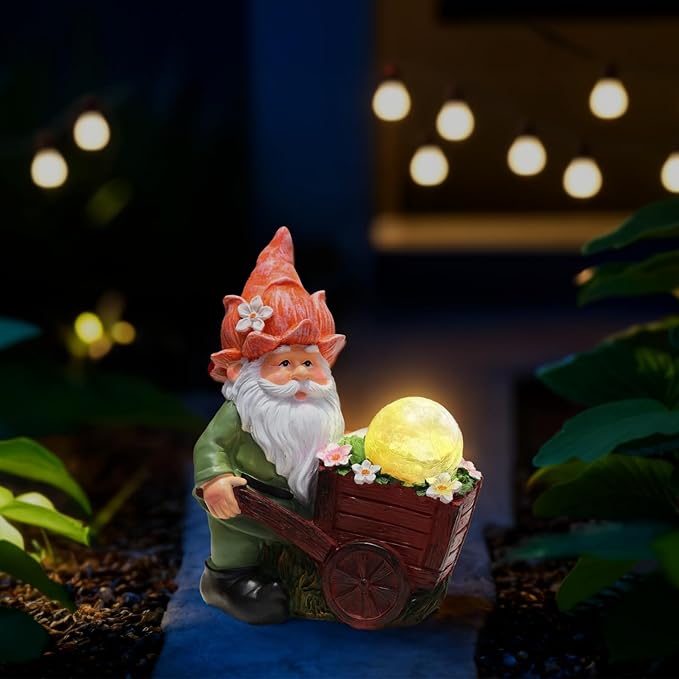 Solar Garden Gnome Statue with Crackle Glass Globe Lights, Waterproof Outdoor Decor for Patio, Lawn, or Yard, Whimsical Housewarming Gift(Green Gnomes)-Ruum Studio Home