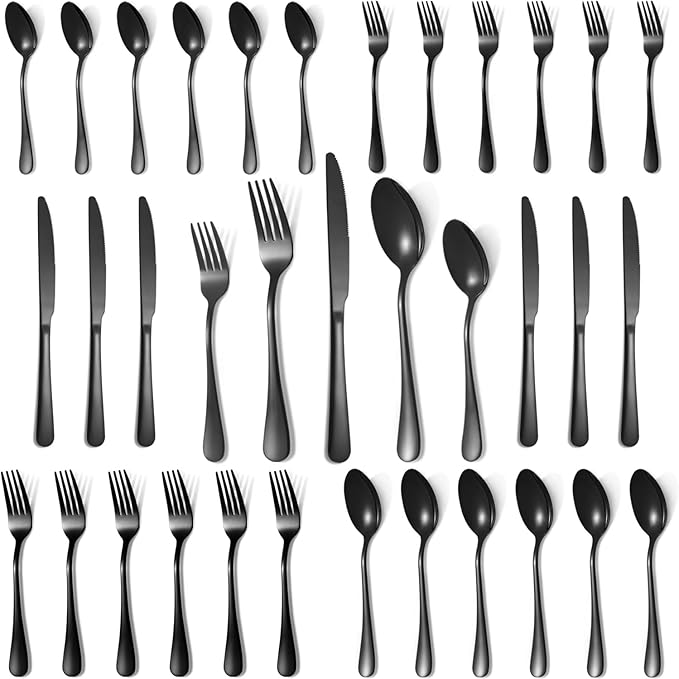 Lazycorner 30 Pcs Black Silverware Set for 6, Mirror Polished Flatware Set Stainless Steel Fork Knife Spoon, Food Grade Eating Utensils Sets, Reusable Silverwear Cutlery Set, Dishwasher Safe-Ruum Studio Home