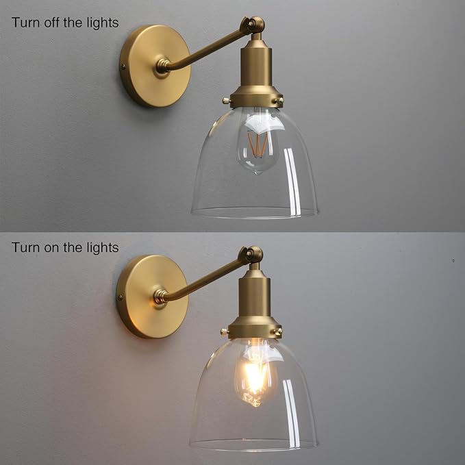 PERMO Industrial Vintage Slope Pole Wall Mount Single Sconce with 6.7" Oval Dome Clear Glass Shade Wall Sconce Light Fixture (Antique Gold)-Ruum Studio Home