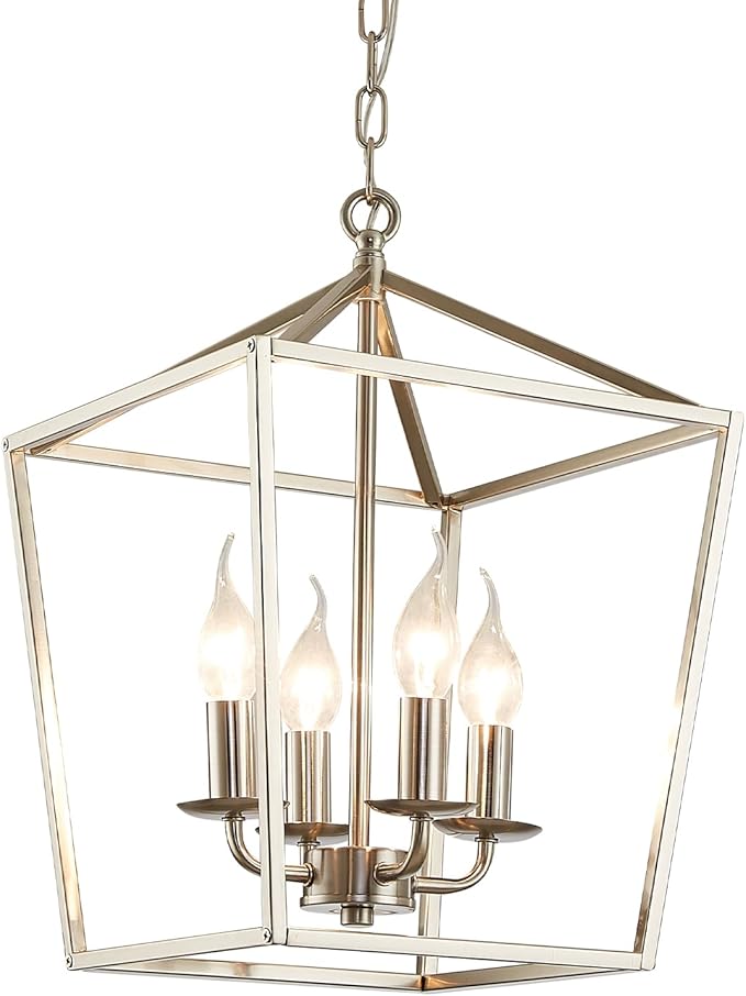 4-Light Brushed Nickel Farmhouse Chandelier, 12" Industrial Ceiling Light Lantern Pendant Light with Metal Cage Adjustable Height Rustic Hanging Light E12 Base for Kitchen Island Dining Room Entryway-Ruum Studio Home
