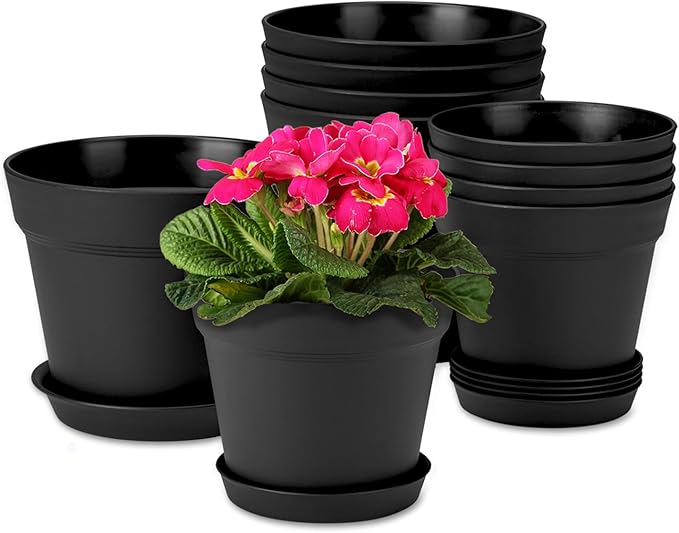 homenote Plant Pots,6/7.5 Inch Flower Pots for Plants Plastic Planters for Indoor with Multiple Drainage Holes and Trays, for All Home Garden Flowers Succulents,Outdoor(Black,10 Pack)-Ruum Studio Home