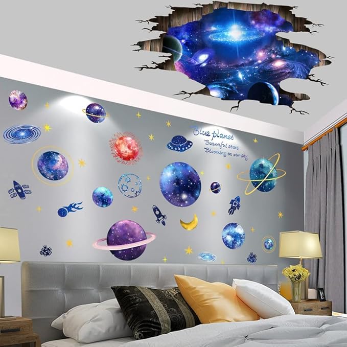 Quanhaigou Blue Purple Galaxy Wall Decals, Removable Sticker,The Art Magic 3D Milky Way Cosmic Stars Spacecraft Dreamscape Home Decor for Bedroom Living Room Floor Ceiling Kids Room-Ruum Studio Home