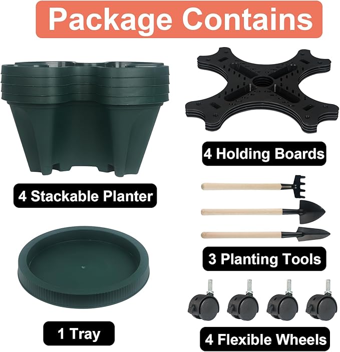 Vertical Planter 4 Tier Stackable Planters Garden Planters Strawberry Herb Flower and Vegetable Planter Indoor Outdoor Gardening Pots with Removable Wheels and Tools-Ruum Studio Home