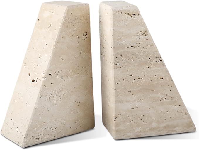 Travertine Bookends for Heavy Books, Marble Decorative Bookends for Shelves, Heavy-Duty Stone Book Ends for Hardback Book & Cookbooks, Unique Book Stopper & Holder, Travertino Italy-Ruum Studio Home