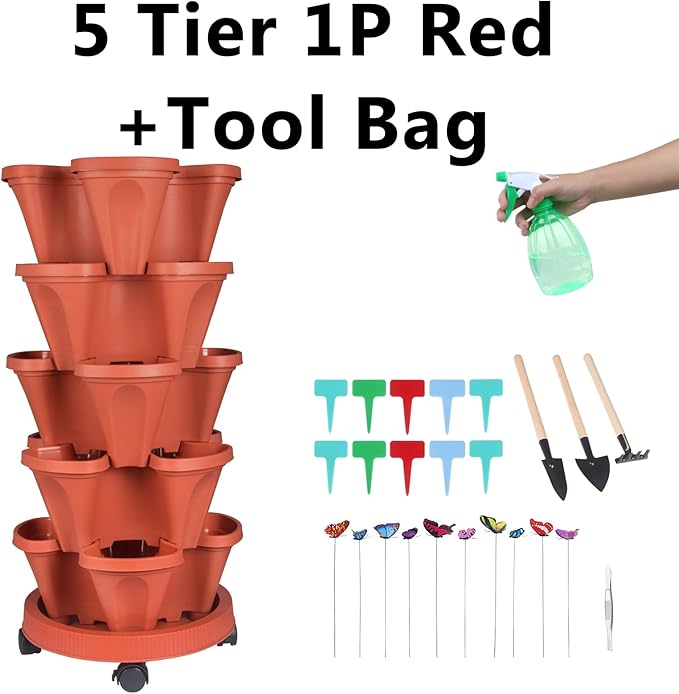 Vertical Planter, 5 Tier Stackable Strawberry Planter with Garden Tool Set, Movable Indoor/Outdoor Garden Herb Pot for Growing Vegetables and Succulents, Red-Ruum Studio Home