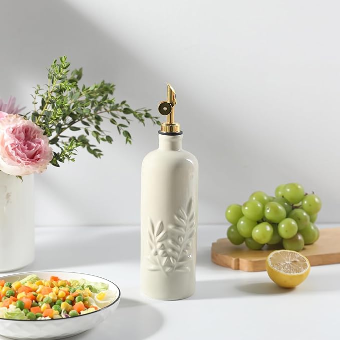 Sweejar 18 Oz Oil Dispenser for Kitchen with Gravity Spout, Ceramic Olive Oil Dispenser Bottle, Relief Opaque Vinegar Container for Evoo, Vinegar, Soy Sauce, Pack of 1(Beige, Gold Spout)-Ruum Studio Home