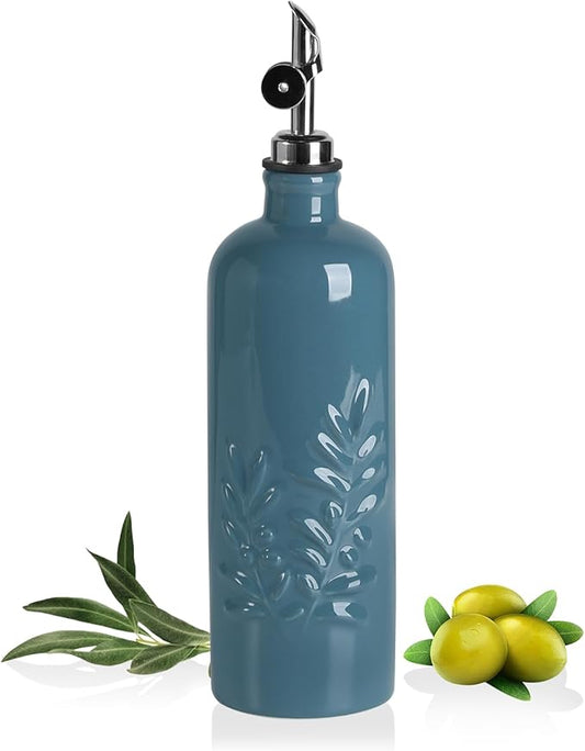 Sweejar 18 Oz Oil Dispenser for Kitchen with Gravity Spout, Ceramic Olive Oil Dispenser Bottle, Relief Opaque Vinegar Container for Evoo, Vinegar, Soy Sauce, Pack of 1(Fogblue, Silver Spout)-Ruum Studio Home