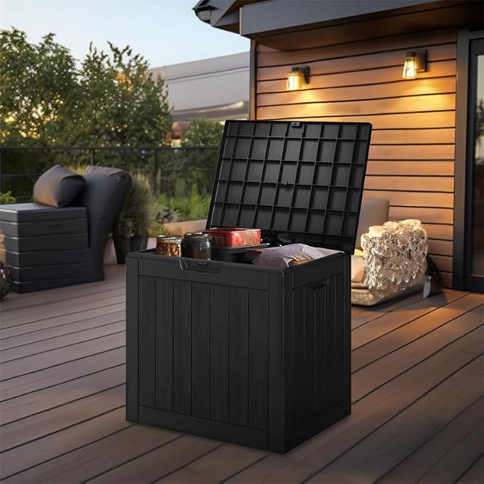 36 Gallon Outdoor Deck Box,Storage Lockable Waterproof Patio Furniture,Garden Tools,Cushions,Pool Accessories Outside Storage Resin Box(Black)-Ruum Studio Home