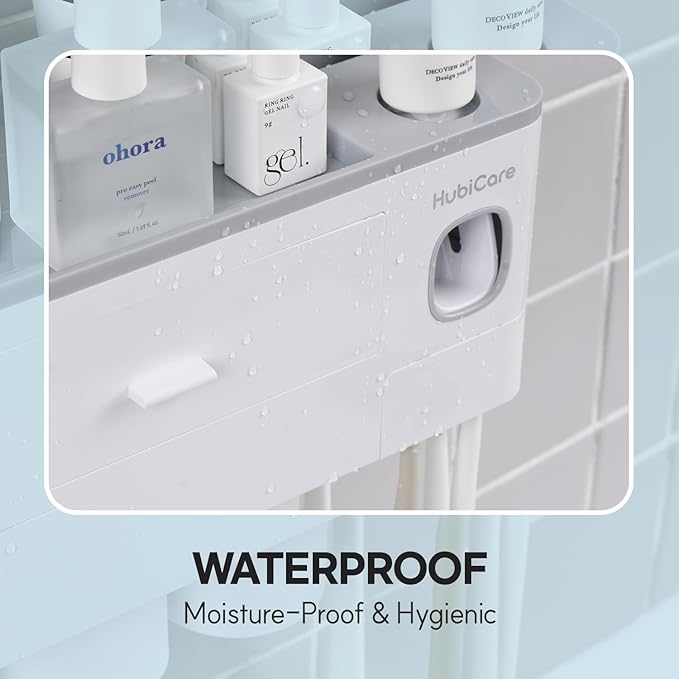 HubiCare Toothbrush Holder with Toothpaste Dispenser Wall Mounted for Bathroom, Automatic Toothpaste Squeezer, Bathroom Organization and Storage, 5 Toothbrush Slots (3 Cups)-Ruum Studio Home