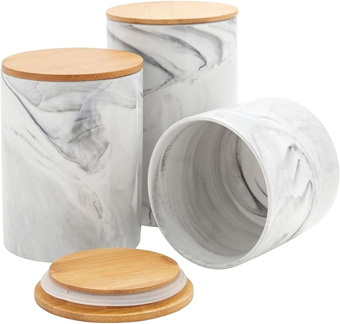 Farmlyn Creek Sugar & Coffee Container Set 3-Piece - White Marble Finish Ceramic Jar Set - Airtight Wood Lids - Ceramic Containers with Lids for Countertop Storage (5.9"/4.9"/3.9)-Ruum Studio Home