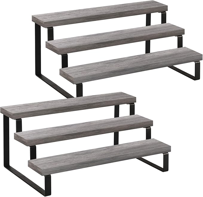 YINMIT Wooden Display Riser Stand, Tiered Perfume and Cologne Organizer Stand, 3 Tier Spice Rack Organizer, Rustic Display Shelf for Candles (3 Tier,2Pack,Grey)-Ruum Studio Home