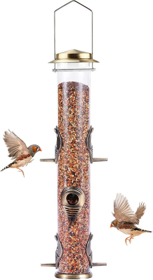 MIXXIDEA 1PK Metal Bird Feeders with 6 Feeding Ports,Tube Bird Feeder with Steel Hanger,Hard Plastic Wild Bird Feeder for Outdoors Hanging, Attracting Birds in Your Lawn, Garden, Balcony–Bronze-Ruum Studio Home