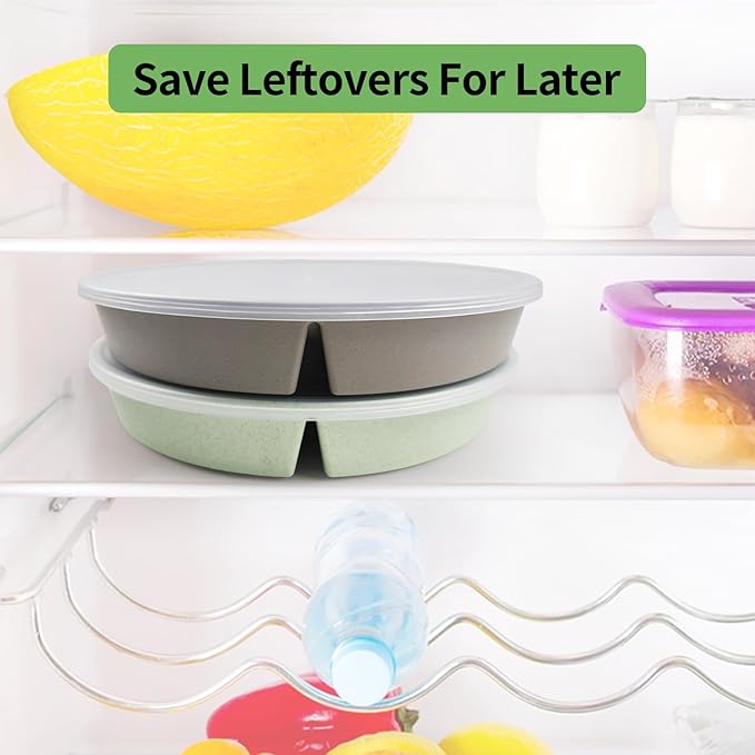 greenandlife 9 Inch 4PCS Divided Plates with Lids, Portion Control Plates for Kids Adults, Dishwasher Microwave Safe Compartment Plate, Unbreakable Lightweight Reusable Wheat Straw Plate Set, INS-Ruum Studio Home