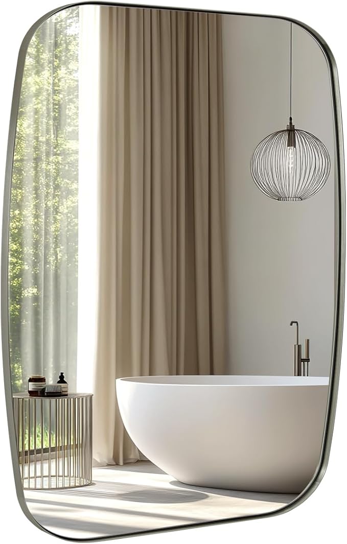 ANDY STAR Brushed Nickel Bathroom Mirror, 30x36’’ Oblong Mirror with Stainless Steel Metal Frame, Silver Oval Vanity Mirror for Over Sink, Modern Anti Rust Wall Mounted-Ruum Studio Home