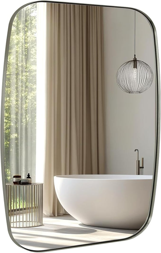 ANDY STAR Brushed Nickel Bathroom Mirror, 30x36’’ Oblong Mirror with Stainless Steel Metal Frame, Silver Oval Vanity Mirror for Over Sink, Modern Anti Rust Wall Mounted-Ruum Studio Home