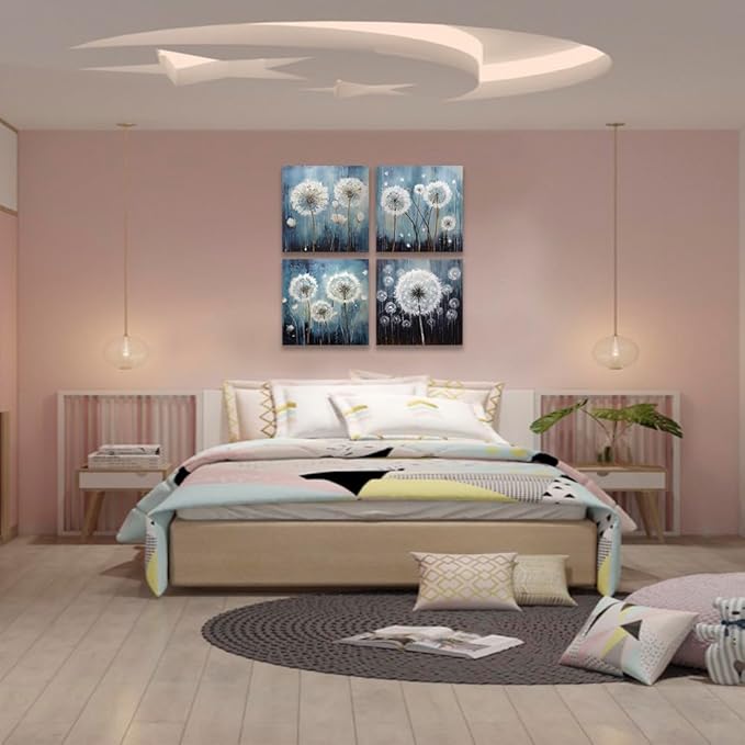 RUISHI Canvas Wall Art For Bathroom Abstract Dandelion Painting for Living Room Girls Bedroom Modern Abstract Flower Prints Artwork Home Office Decoration 12L x 12W-Ruum Studio Home