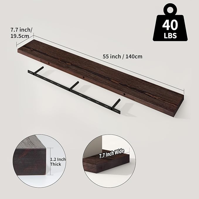 SAUMONIERES Floating Shelves 8 Inch Deep Solid Wood Wide Wall Shelf Set of 1 Wall Mounted for Bedroom Bathroom Living Room Kitchen, 55 Inch Walnut-Ruum Studio Home