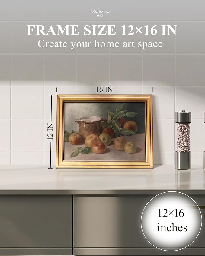 HUARCEY Gold Framed Vintage Wall Art for Living Room, Harvest Apples Still Life Oil Painting Artwork Shelf Decor Abstract Wall Pictures Prints, Farmhouse Fruit Room Decor Bedroom Kitchen Bathroom-Ruum Studio Home