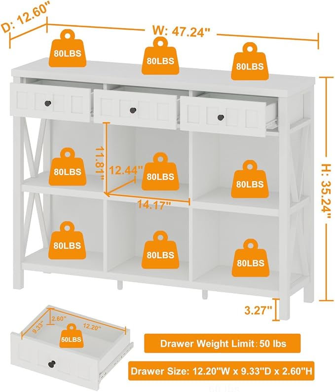FATORRI 6 Cube Storage Bookshelf with 3 Drawers, Long Horizontal Bookcase, Modern Cubby Organizer Shelf (White Oak, 47 Inch)-Ruum Studio Home
