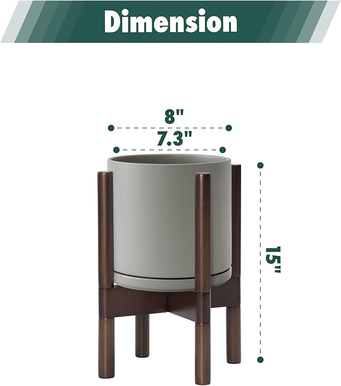 D'vine Dev Ceramic Planter with Walnut Color Stand - 8 Inch Modern Round Flower Pot with Wood Planter Holder, Grey, 55-B-Y-3-Ruum Studio Home