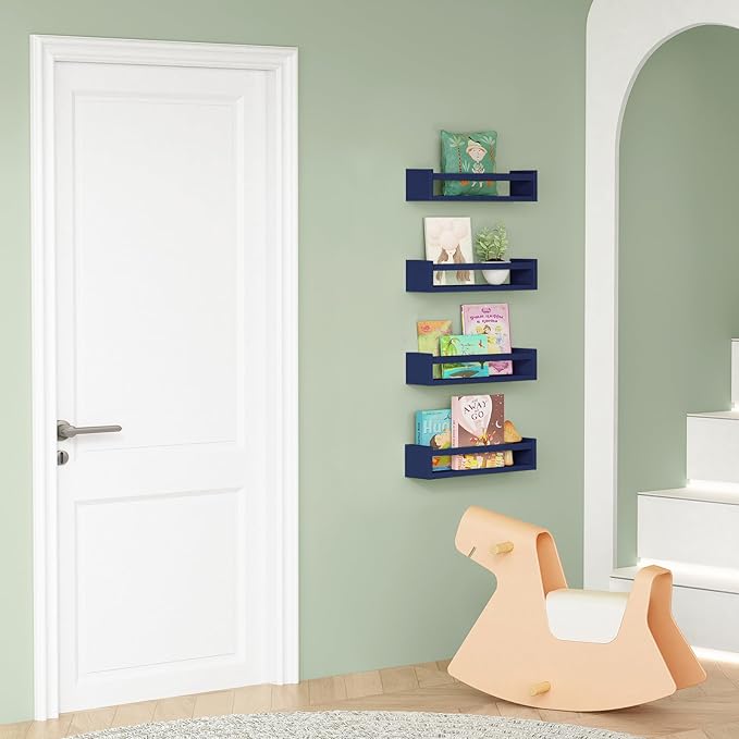 Forbena Navy Blue Floating Book Shelves for Nursery Boy, Decorative Wall Bookshelf for Kids Room, Small Wood Floating Shelves Wall Mounted for Boys Bedroom Bathroom (Set of 4, Blue)-Ruum Studio Home