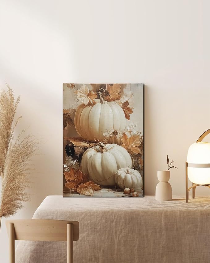 Rustic Autumn Pumpkin Wall Art Decor, Framed Vintage Thanksgiving Decorations, Fall Canvas Wall Art for Home, Kitchen and Living Room, Cozy Fall Decor Picture Print Ready to Hang-Ruum Studio Home
