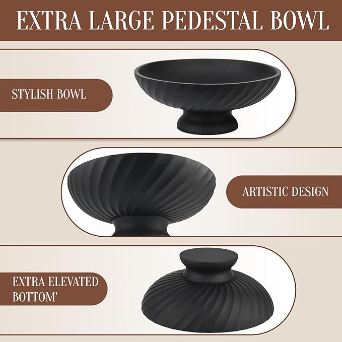 Large Resin Pedestal Decorative Bowl - Modern Fruit Bowl for Kitchen Counter - Handicraft Bowls for Home Decor - Key Bowl for Entry Table,Matte Black-Ruum Studio Home