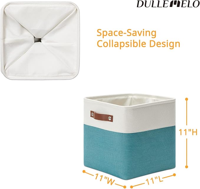 DULLEMELO Foldable Storage Cubes 11 x 11 Organizer Bins,Canvas Storage Bins Empty Gift Baskets for Organizing with SturdyLeather Handles, Closet Baskets for Nursery Storage(4 Pack - 11" White&Teal)-Ruum Studio Home