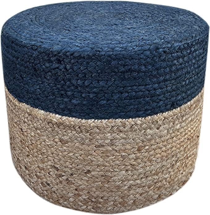 Jute Pouf Ottoman | Footrest Pouf | Hand Braided - Round Boho Pouffe - for Living Room, Bedroom, Nursery (20"x20"x10") Navy-Ruum Studio Home