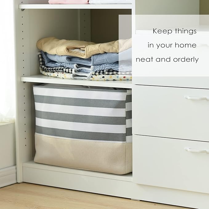 TheWarmHome Jumbo Storage Bins Baskets, Sturdy Fabric Organizing Basket W/Handles, Decorative Foldable Storage Baskets for Shelves Closet Nursery Toy (Grey&White Stripes 3 Pack, 20.5Lx15.7Wx13.8H in)-Ruum Studio Home