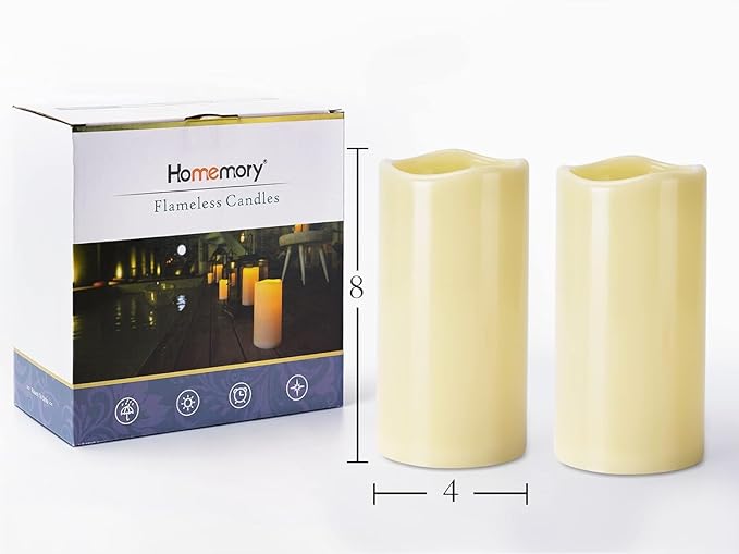 Homemory 4" x 8" Waterproof Outdoor Flameless Candles, Battery Operated Flickering LED Pillar Candles with Remote and Timers for Indoor Outdoor Lanterns, Long Lasting, Large, Dark Ivory, Set of 4-Ruum Studio Home