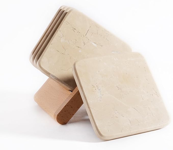 BCS Marble Coasters Set of 5 with Holder, Square Stone Drink Coasters for Coffee, Wine and Cocktails, Non-Slip Durable Cup Mats, Elegant Home, Bar & Kitchen Table Decor (Crema Beige)-Ruum Studio Home