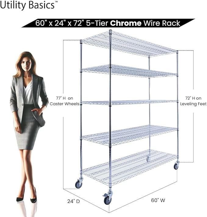 60"x24"x72" Chrome 5-Tier PREMIUM Wire Shelving NSF 4000 LBS MAX CAPACITY Heavy Duty Steel Storage Rack for Warehouses, Garages, Hospitals, Commercial Spaces, & Schools w/PREMIUM WHEELS-Ruum Studio Home