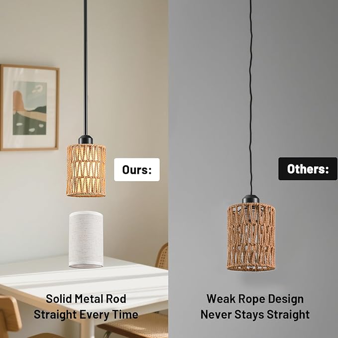 Pendant Light Boho Hanging Lamp, Rattan Hanging Lights with 2 in 1 Linen & Woven Shade, Ceiling Light Fixtures for Kitchen Island, Dining Room, Farmhouse, Bedroom (1 Pack)-Ruum Studio Home