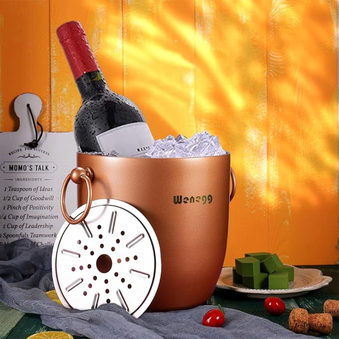Ice Bucket with Lid, Scoop, Tongs and Strainer - Well Made Insulated Stainless Steel Keep Ice Frozen Longer - Ideal for Cocktail Bar, Parties, Chilling Wine, Champagne - 3 Liter (Copper)-Ruum Studio Home