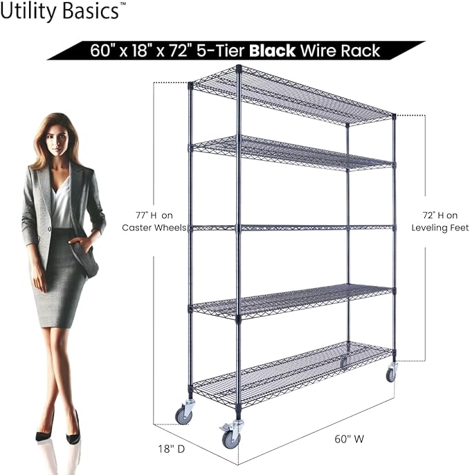 60"x18"x72" Black 5-Tier Premium Wire Shelving NSF 4000 LBS MAX Capacity Heavy Duty Steel Storage Rack for Warehouses, Garages, Hospitals, Commercial Spaces, & Schools w/Premium Wheels-Ruum Studio Home