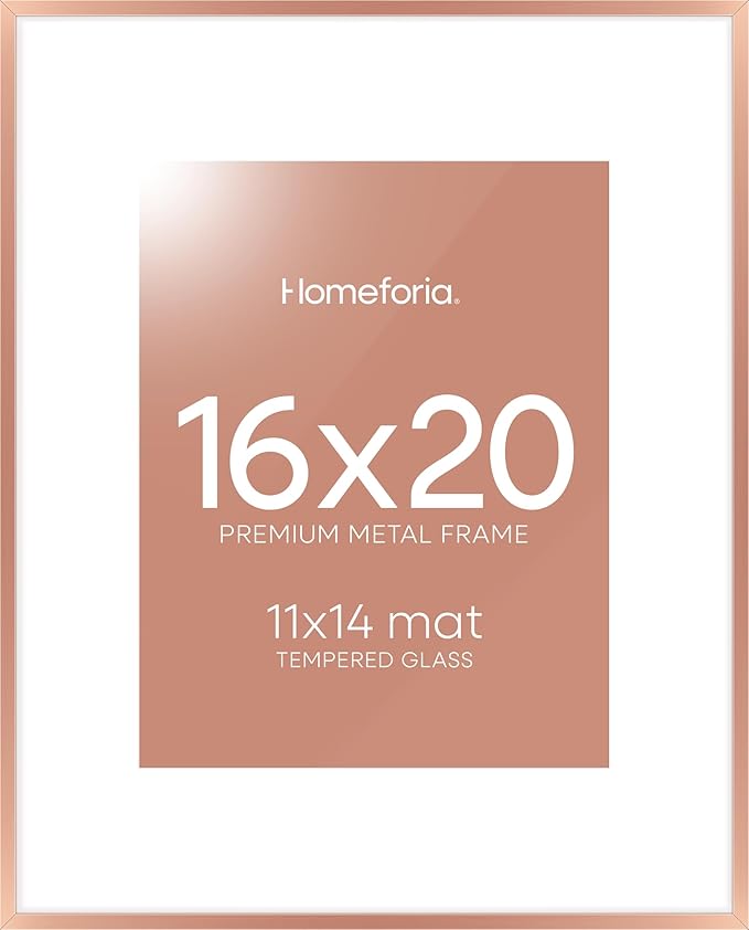 Homeforia Picture Frames 16x20 Rose Gold, High End Metal 16x20 Poster Frame with Mat 11x14 inch Photo, 16 x 20 Rose Gold Frame Matted to 11 by 14 Print, 20x16 Frame, Tempered Glass, Wall Kit, Set of 1-Ruum Studio Home