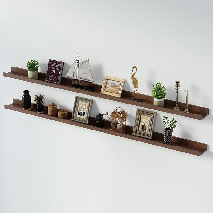 SAUMONIERES Picture Ledge Shelf Floating Book Shelves Set of 2 Wall Mounted Solid Wood for Bedroom Bathroom Living Room Kitchen, 72 Inch Walnut-Ruum Studio Home