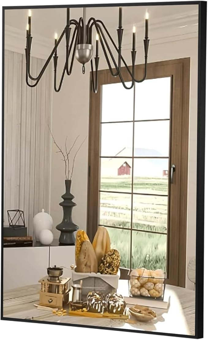 FARMER 26x38 Inch Black Bathroom Mirror, Rectangle Wall Mounted Mirror, Vanity Mirror, Brushed Square Mirror, Framed Bathroom Mirror for Bedrooms, Entryways, Living Rooms, Horizontal/Vertical-Ruum Studio Home