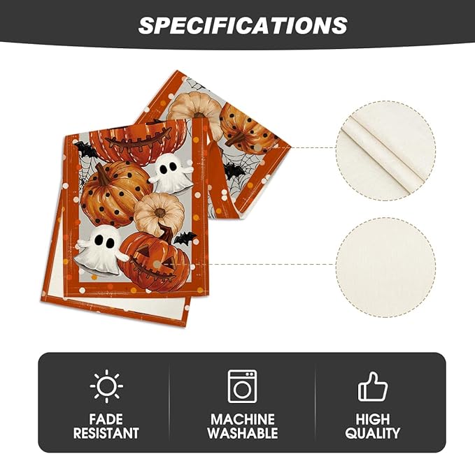 Artoid Mode Orange Jack-O'-Lantern Pumpkin Ghost Halloween Table Runner, Holiday Kitchen Dining Table Decoration for Home Party Decor 13 x 72 Inch-Ruum Studio Home