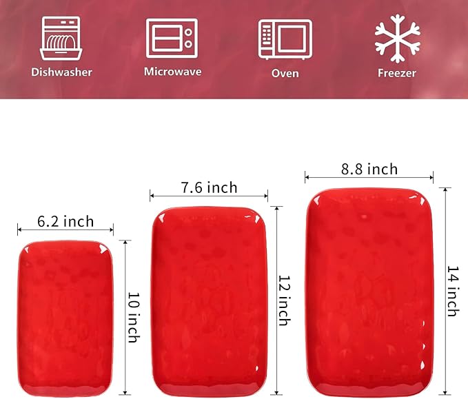 Vicrays Ceramic Rectangle Serving Platters - 14" 12" 10" Porcelain Serving Trays Plates for Party BBQ Appetizers Sushi Dessert - Microwave Oven and Dishwasher Safe - Set of 3 Red-Ruum Studio Home