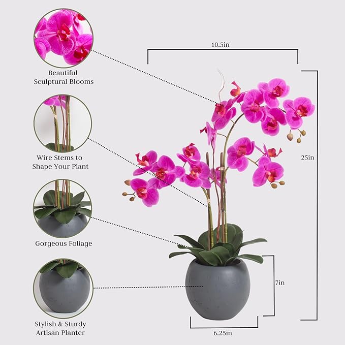 Faux Pink Orchid Plant, Premium Artificial Indoor Flower Display Stands 25-Inches with Beautiful Sculptural Blooms and Foliage That Lasts Forever, Grey Planter Pot Included-Ruum Studio Home