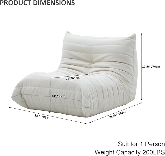 Luxury Sofa Couch Chair, Lazy Floor Seating, Fireside Bean Bag Chair, Ergonomic Tatami Sofa Lounger for Living Room, Bedroom, Office, Single Seat, White-Ruum Studio Home