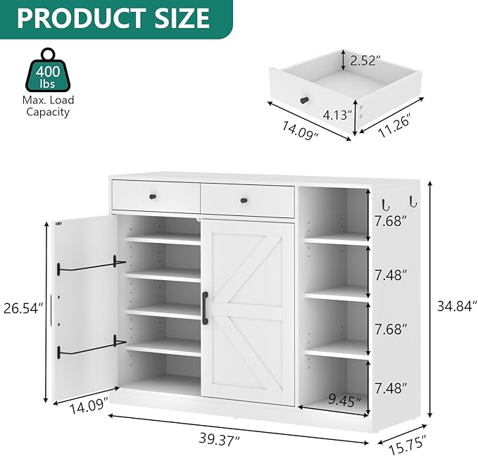 Loomie 5-Tier Shoe Cabinet with 4 Side Cubbies, Farmhouse Shoe Rack Cabinet with 6 Adjustable Shelves & 2 Drawers, Freestanding Shoe Storage Cabinet with 4 Brackets & 2 Hooks for Entryway (White)-Ruum Studio Home