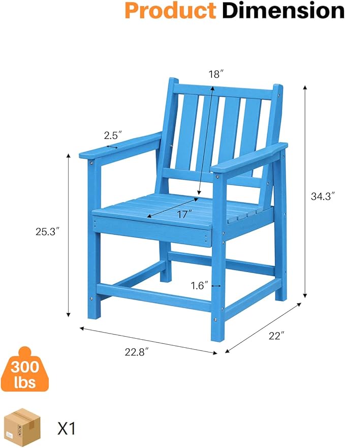Patio Dining Chair Set of 2, HDPE Outdoor Dining Chair, Ergonomic HDPE Dining Chairs with Deep Seating, All Weather Outdoor Chairs Furniture for Backyard, Deck, Garden, Poolside, Sky Blue-Ruum Studio Home