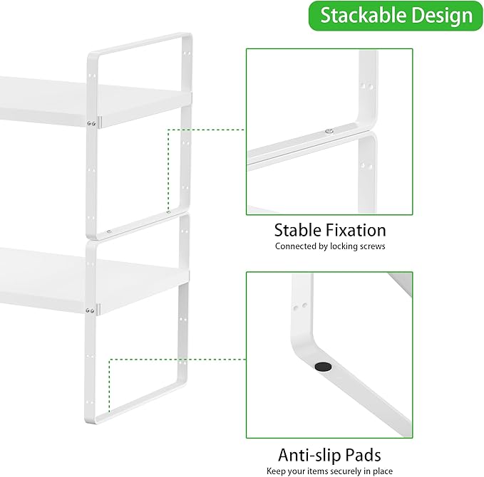 Expandable Cabinet Storage Shelf Stackable Organizer Rack for Kitchen Bathroom Pantry Spice Cupboard Countertop Home Office Desk Heavy Duty Nonslip White Large 1 Pack-Ruum Studio Home