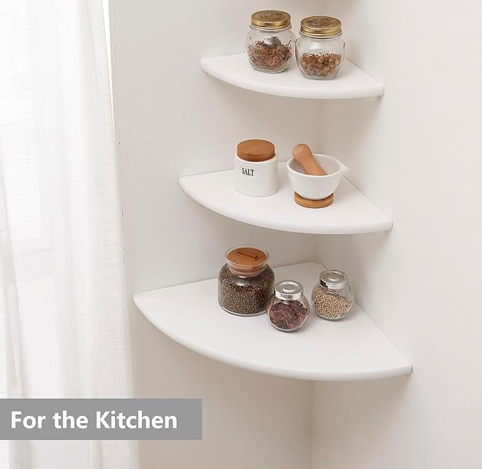 Corner Shelf, Solid Oak Wood Floating Corner Shelf Wall Mount Round End Floating Speaker with Wire Hole for Small Plant Photo for Bedroom Kitchen, Living Room White-Ruum Studio Home